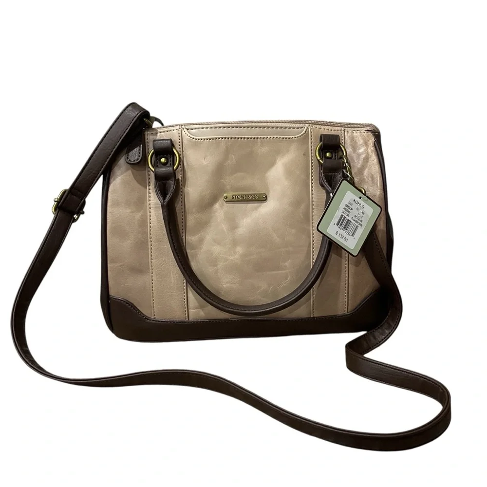 NEW Stone & Co. Megan Satchel Tan/Brown Leather Crossbody Purse 2 Toned 12x4.5x9